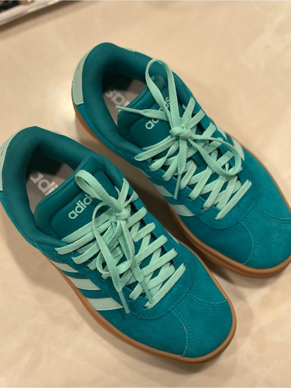 adidas Teal Suede Sneakers with Mint Laces and Gum Sole